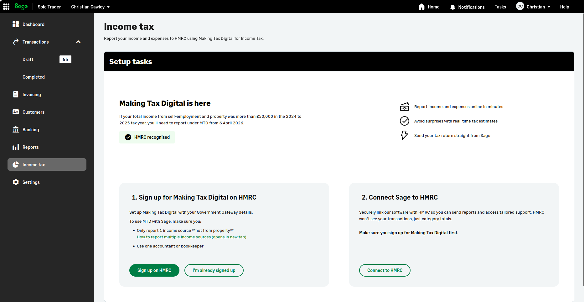 Screenshot of Sage Sole Trader