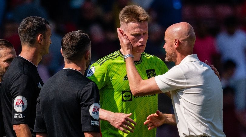 Manchester United&#039;s Scott McTominay with manager Erik ten Hag and the match officials after the Premier League game at Southampton.