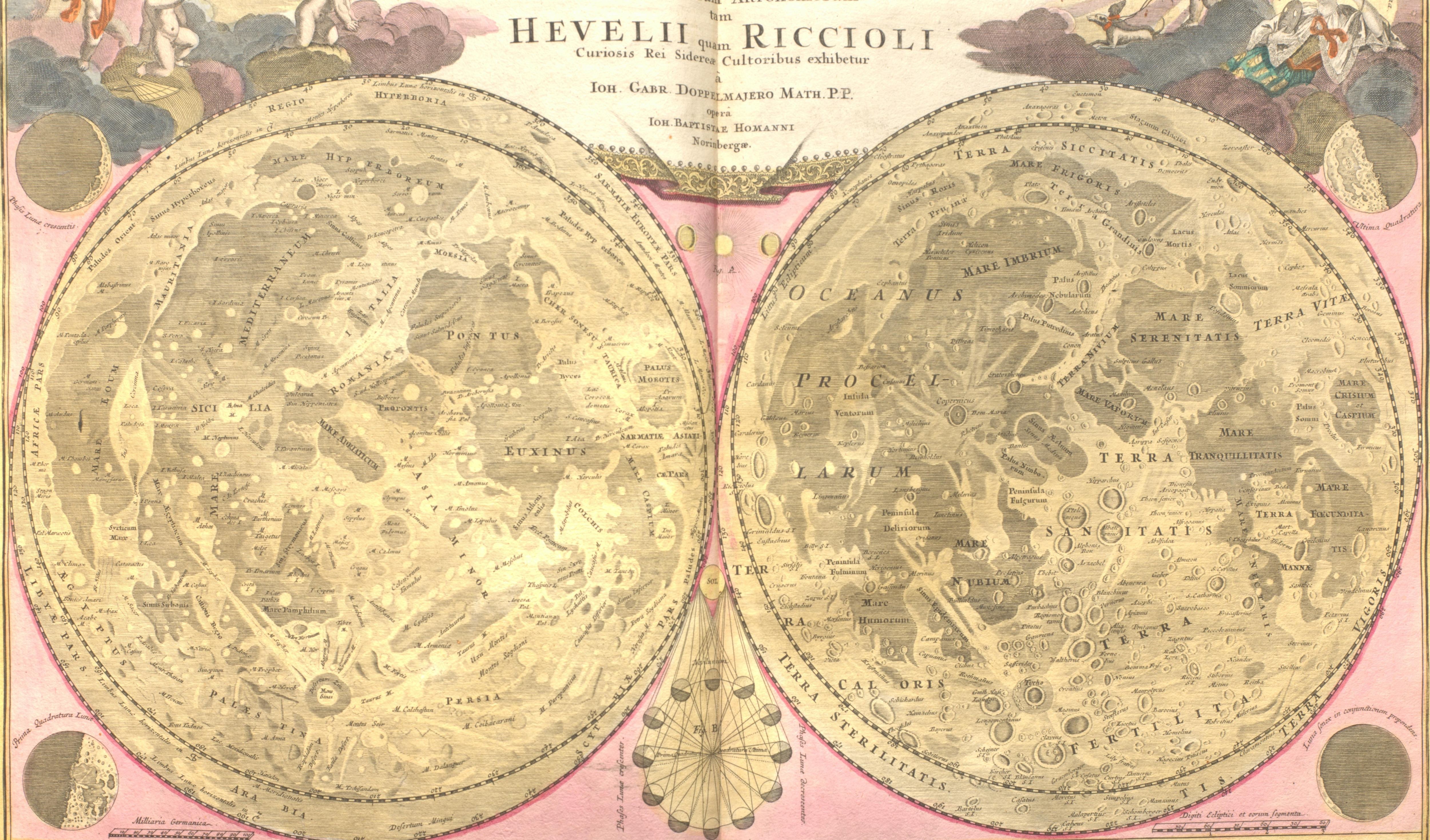two large sketches of the moon side by side. on the top is Latin text and surrounding the sketches are watercolor-type images
