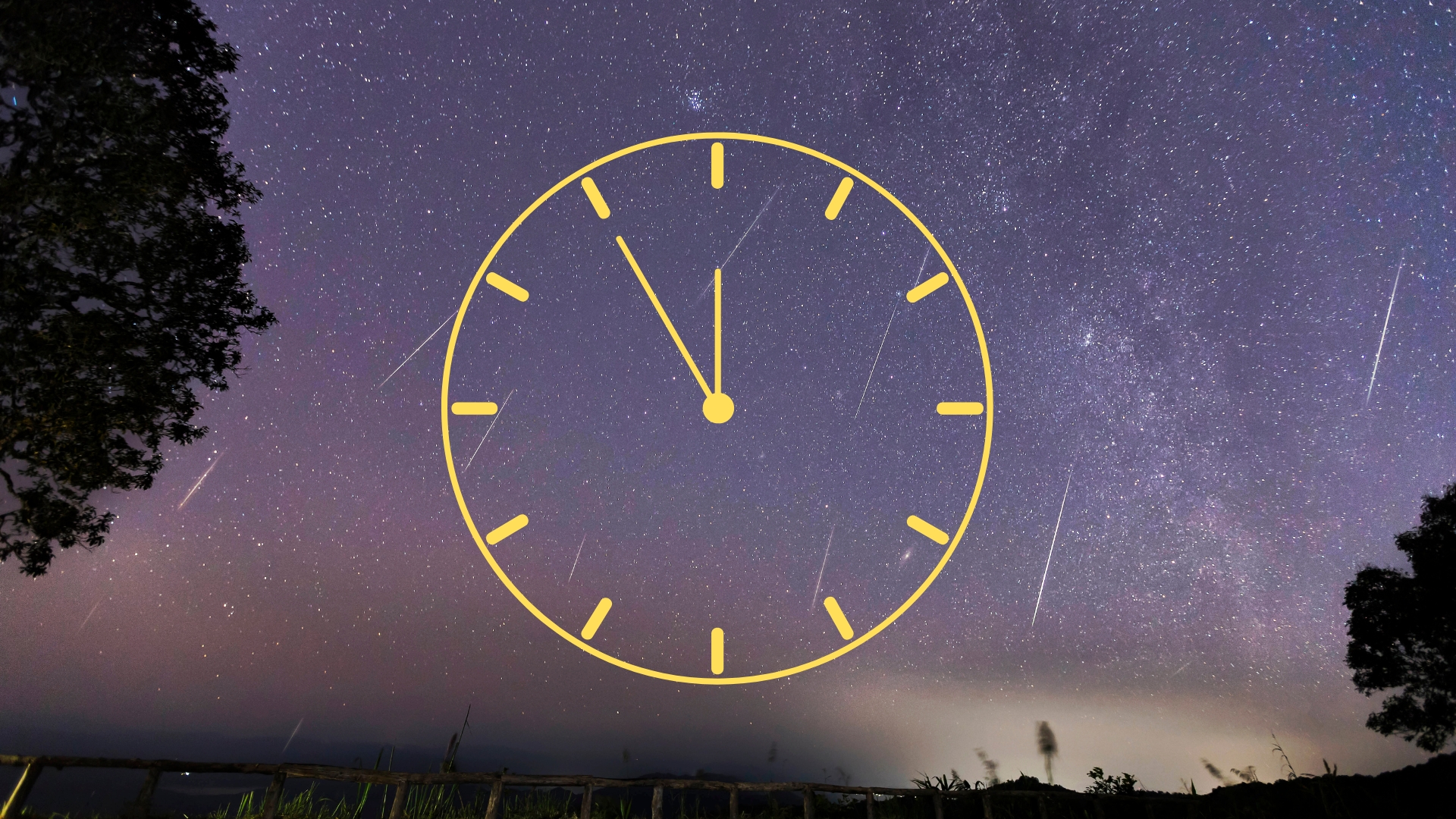 night sky filled with shooting stars and the milky way stretching across the scene. in the foreground is a yellow vector graphic of a clock face.