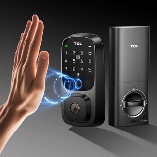 A TCL D1 Pro smart door lock demonstrating the palm vein technology