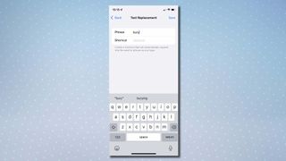 A screenshot of the "Text Replacement" menu on iPhone