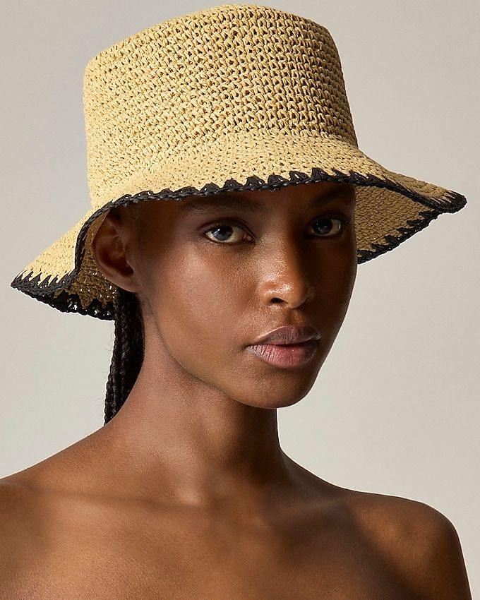 Packable Straw Hat With Crochet Trim