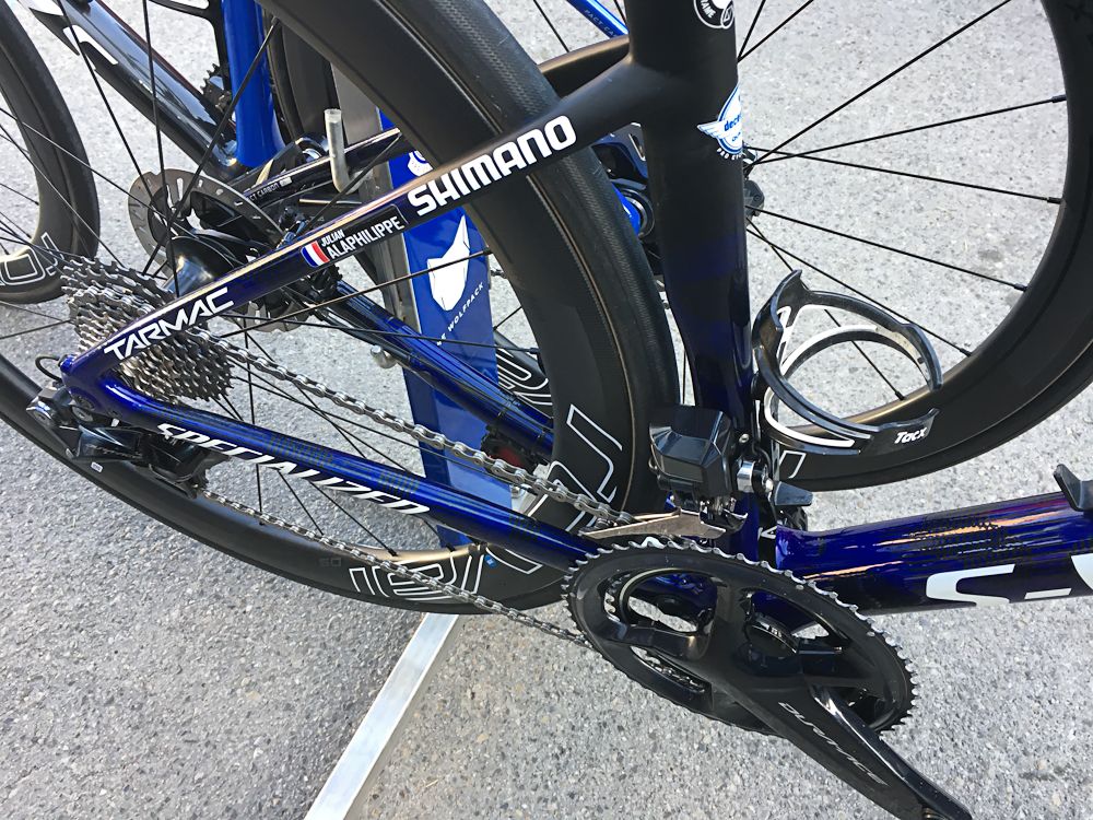 Julian Alaphilippe raced on his custom-coloured Specialized S-Works Tarmac with deep-section Roval wheels