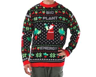 Man wearing Big Plant Energy Ugly Plantmas Sweater