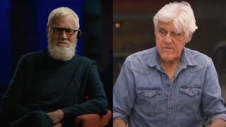 David Letterman listening to interviewee on his Netflix, and Jay Leno standing near car on his garage web series