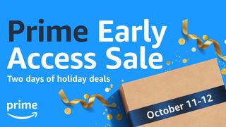 Amazon Prime Early Access Sale text against blue background with shipping box in the foreground