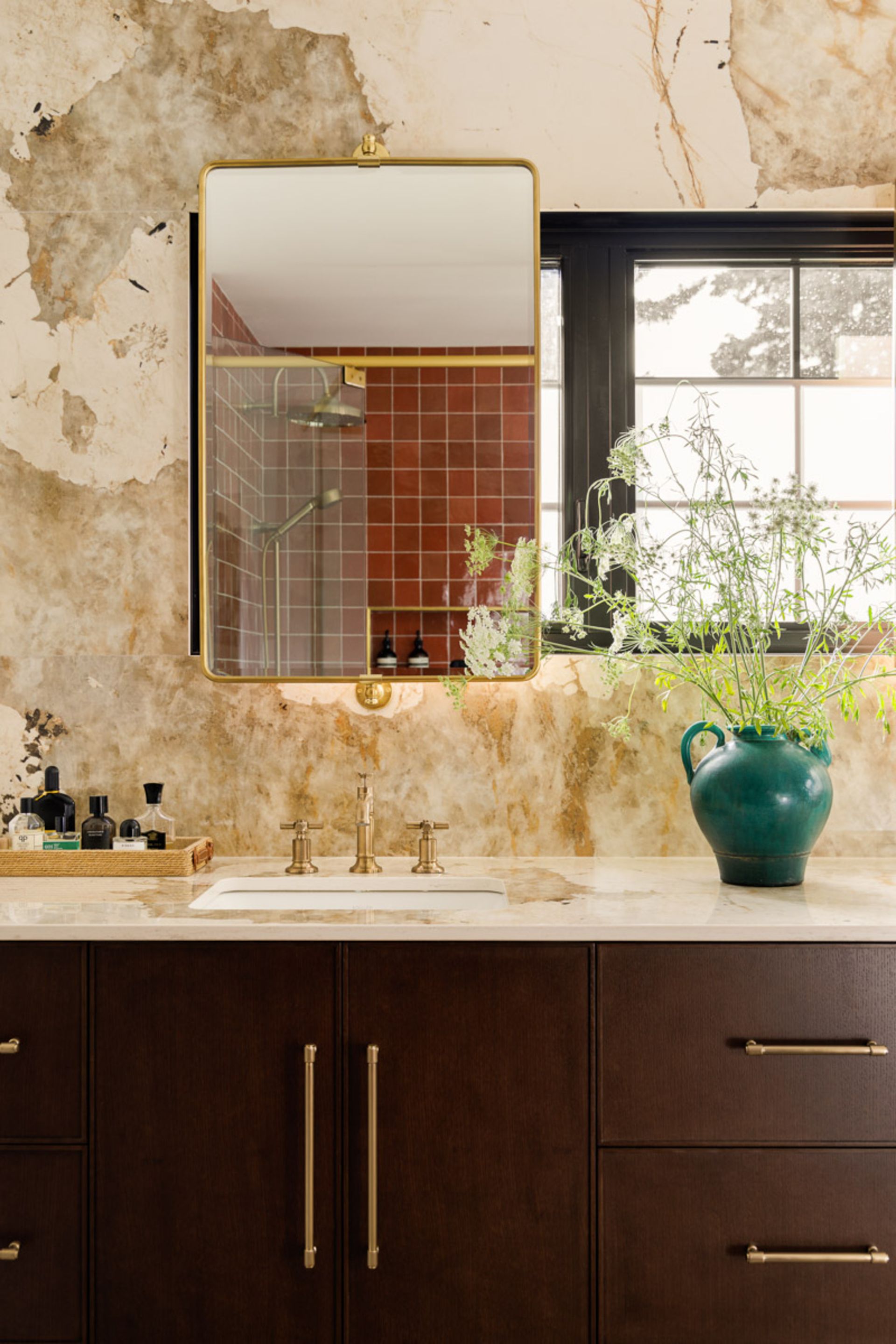 A vanity unit with a mirror