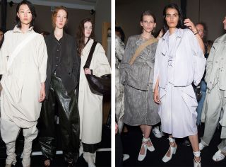 Models wear dresses in white, black and creme, and grey jacket with skirt and white jacket with skirt