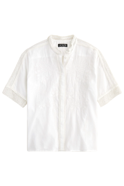 J.Crew, Embroidered Lace-Trim Button-Up Shirt in Cotton Voile