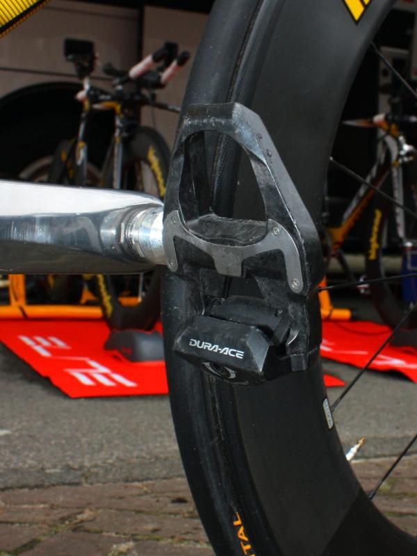 Like many Shimano-sponsored pros in this year's Giro d'Italia, Marco Pinotti (HTC-Columbia) is using the company's latest carbon-bodied Dura-Ace SPD-SL pedals.