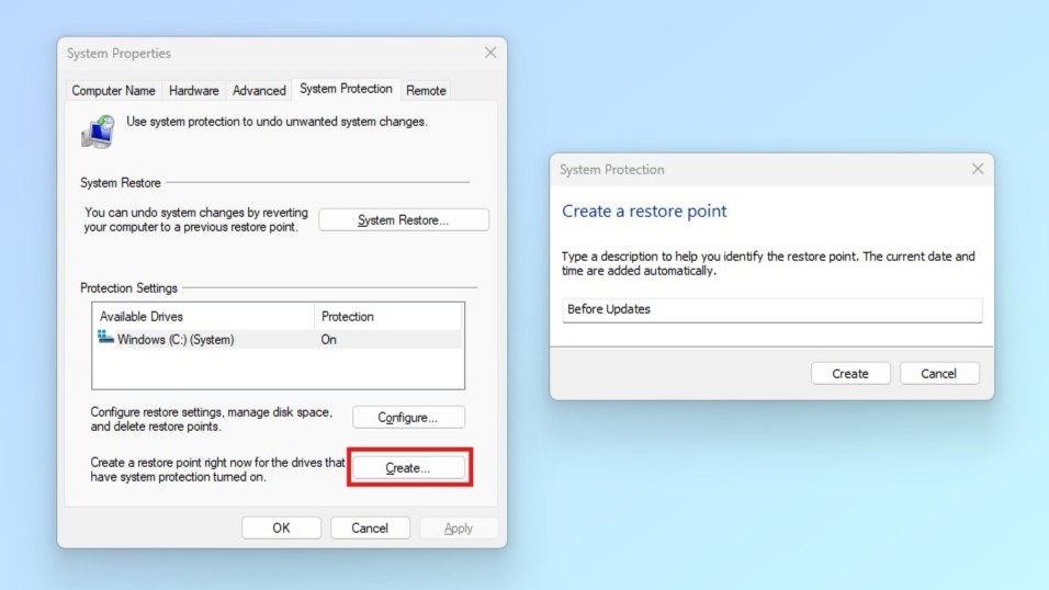 Creating a System Restore point in Windows 11