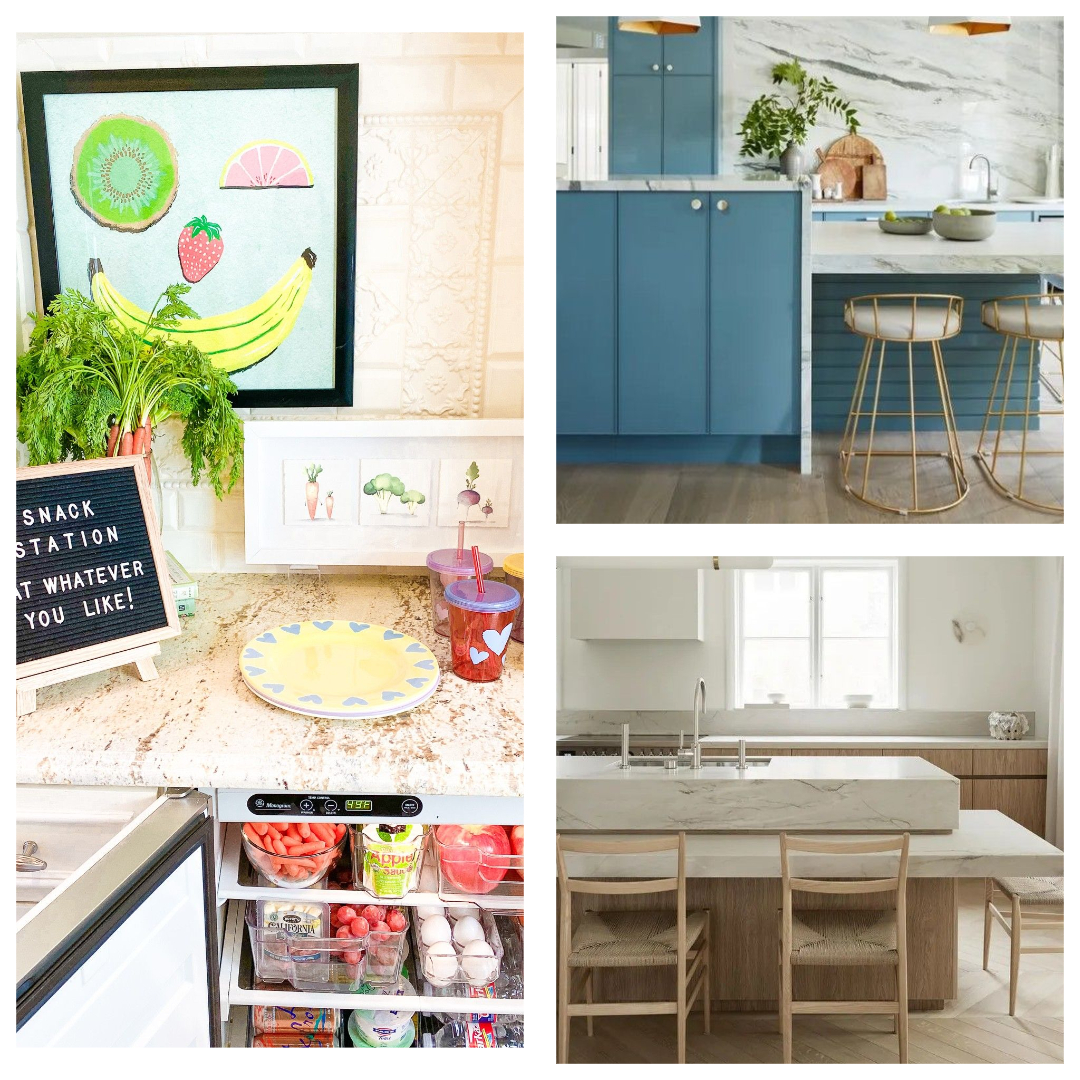Child height snack station and kitchens with bi-level islands