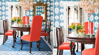 maximalist decor dining rom with blue patterned wallpaper and orange chairs