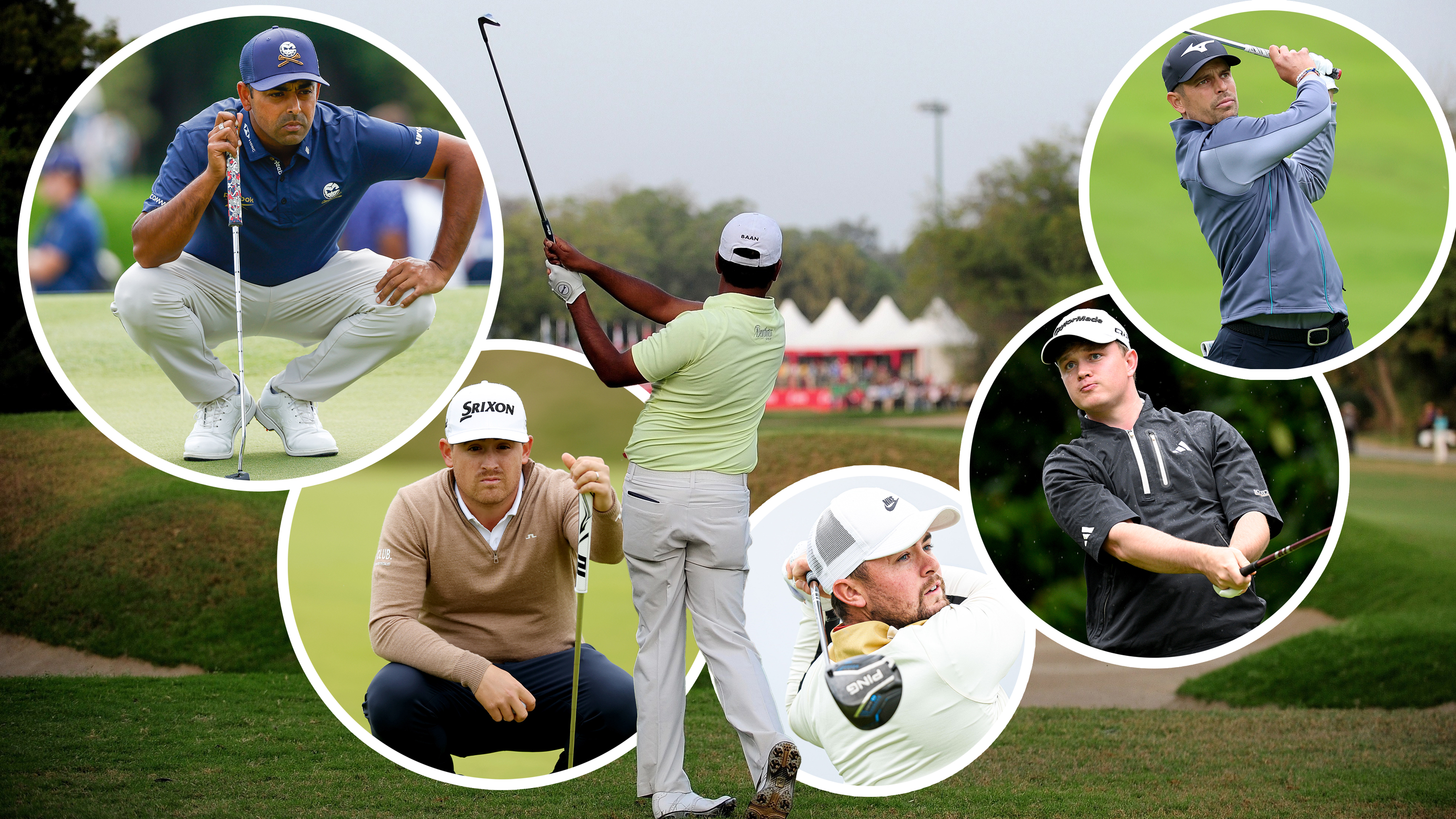 Anirban Lahiri hitting an iron shot towards the green at Delhi Golf Club, host venue of the 2025 DP World India Championship, with five inset images of players our experts believe have an outside chance to win - including Lahiri, Van Driel, Fitzpatrick, Schaper and Saddier