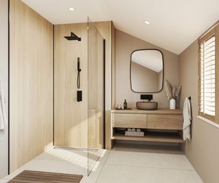 modern neutral bathroom with wooden wall paneling and black concealed shower