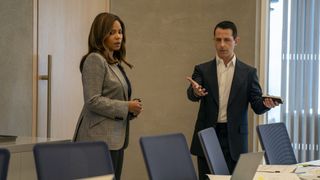 Sanaa Lathan and Jeremy Strong in a still from Succession season 3 episode 6 "What it takes"