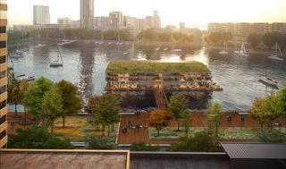 rendering of floating park and structure in rotterdam