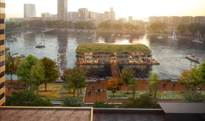 rendering of floating park and structure in rotterdam