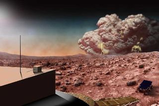 An artist's impression of a dust storm approaching a lander on Mars. In this portrayal, the dust storm is crackling with static electricity, resulting in lightning.