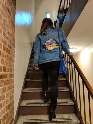 Blue, Clothing, Stairs, Jacket, Outerwear, Standing, Fashion, Jeans, Denim, Footwear,