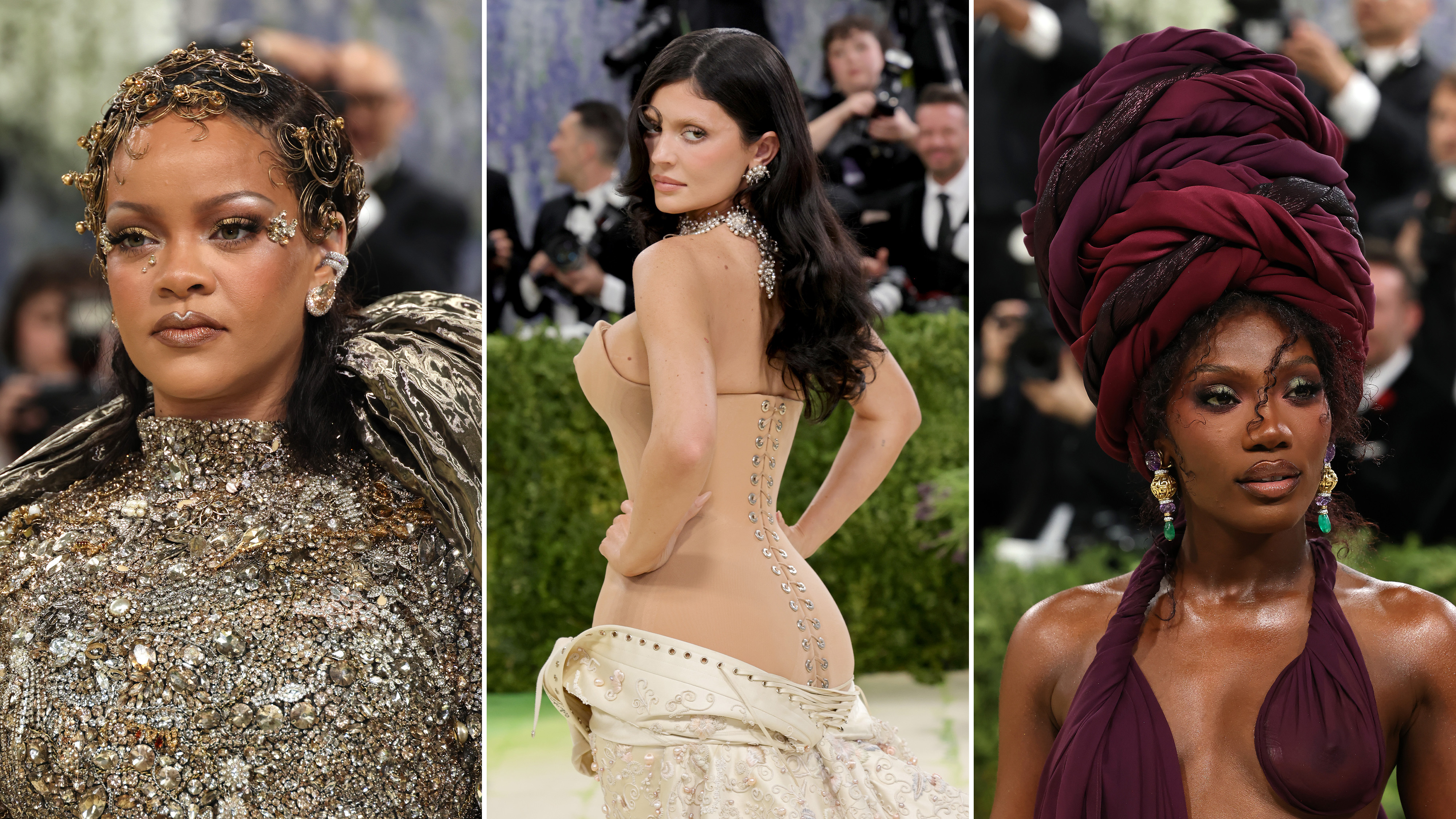 A tri-split image of Doechii, Kylie Jenner, and Rihanna at the 2026 Met Gala.