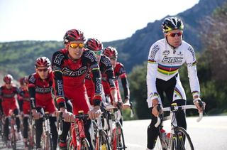 Alessandro Ballan and Cadel Evans ride alongside one another at the BMC training camp in California