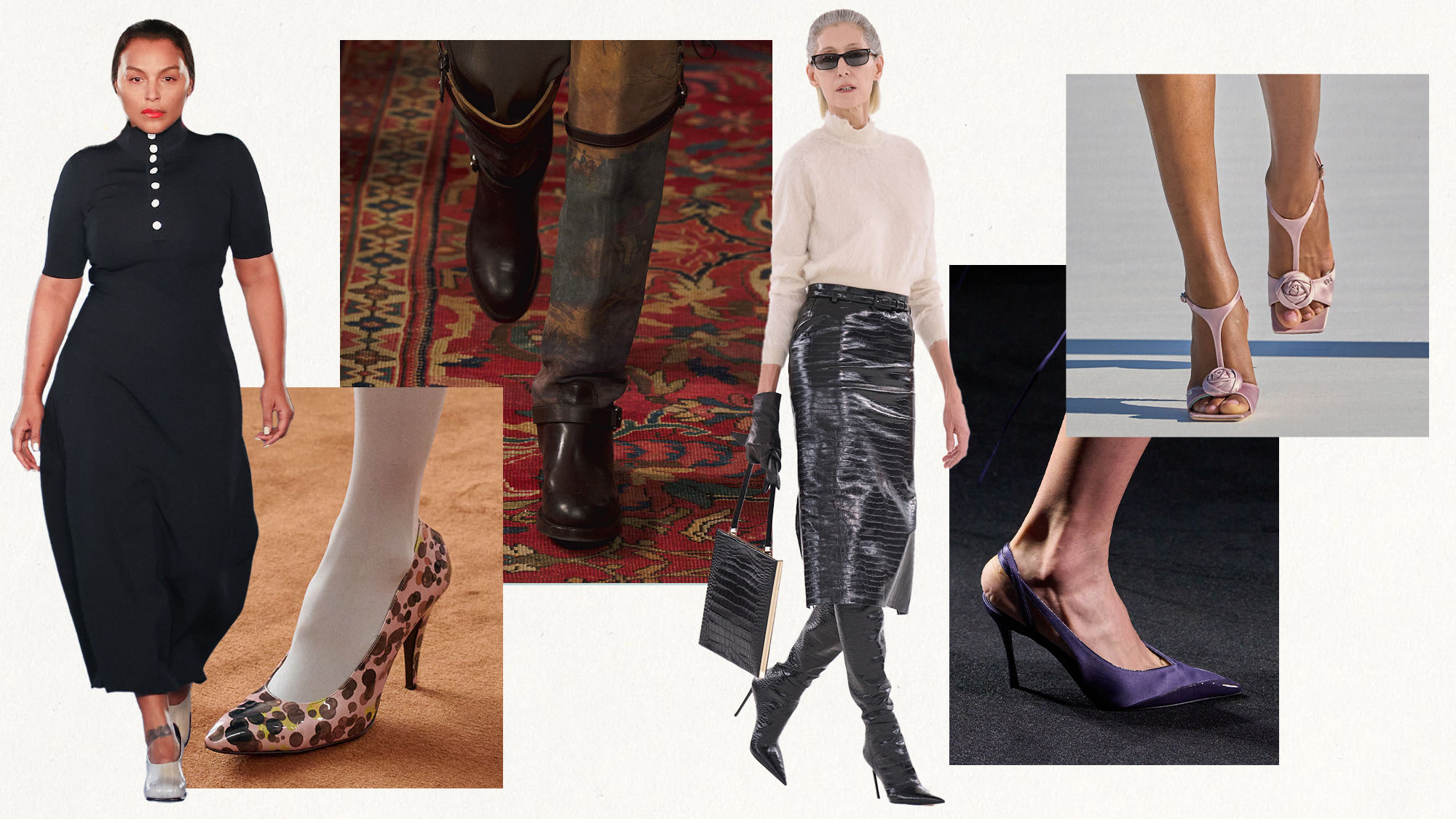A collage featuring fall/winter shoe trends from the F/W 26 runway shows. 