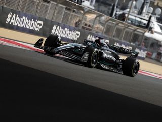 Mercedes F1 car pictured on track during practice ahead of the F1 Grand Prix of Abu Dhabi at Yas Marina Circuit on November 24, 2023 in Abu Dhabi