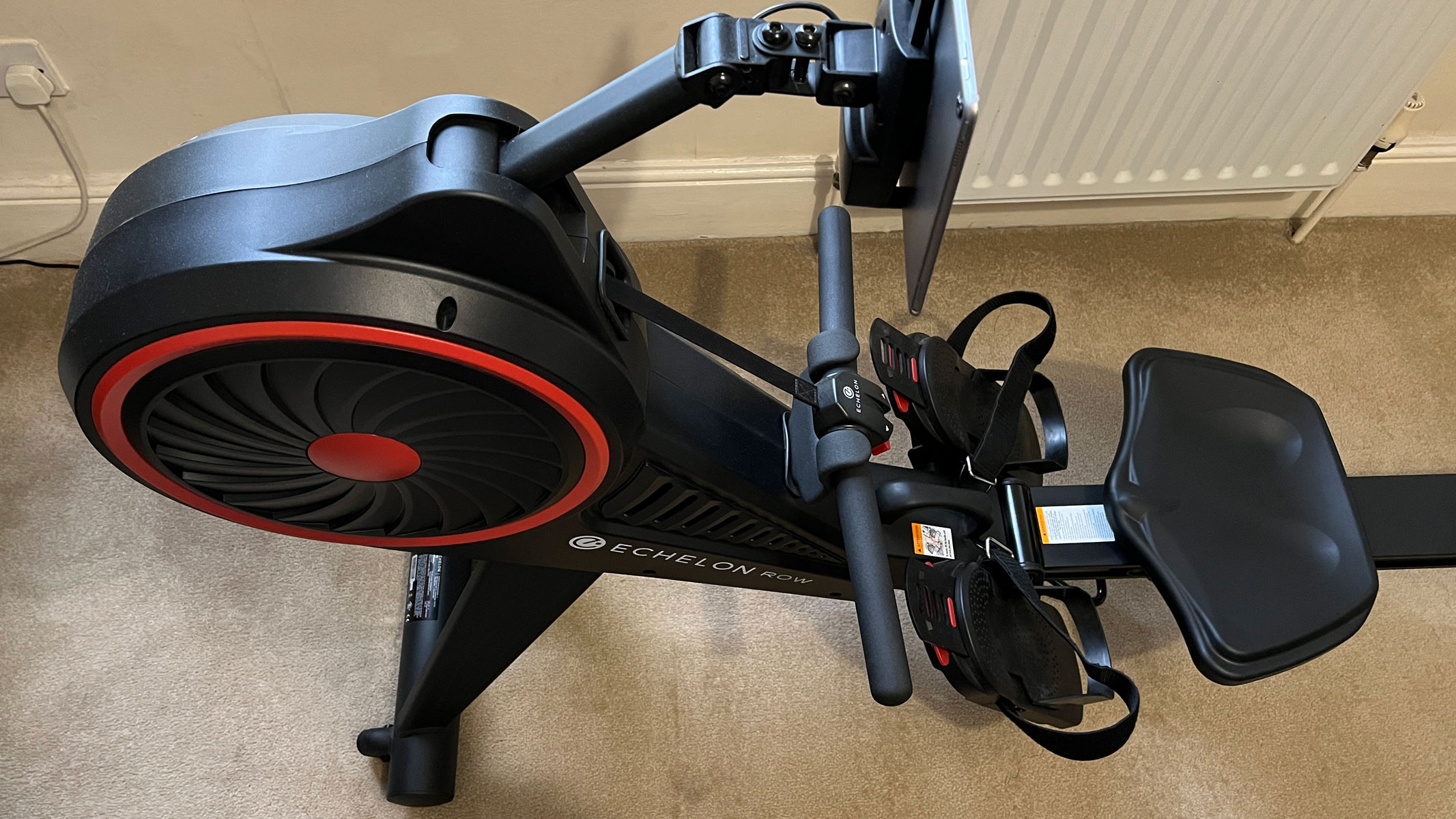 Echelon Smart Rower, a close-up picture of the flywheel and the seat