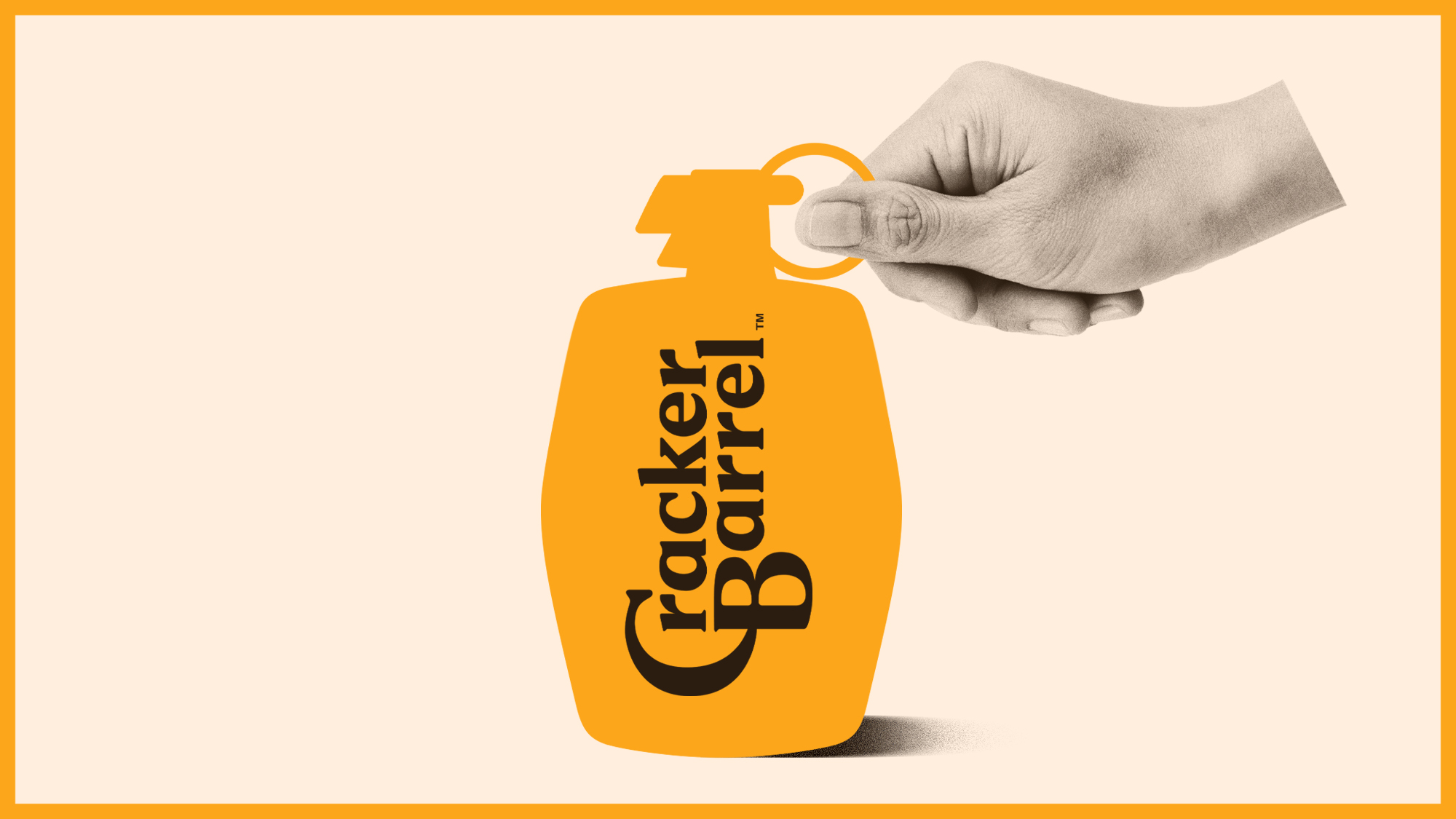 Illustration of the Cracker Barrel logo fitted with a grenade pin