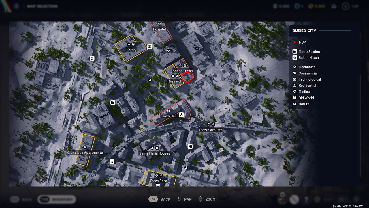 Arc Raiders Greasing Her Palms: A map with a red circle highlighting the barricaded area on floor 6 of the Space Travel Building in Buried City.