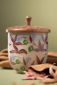 Anthropologie Woody Leather & Leaves Handpainted Acorn Glass Candle