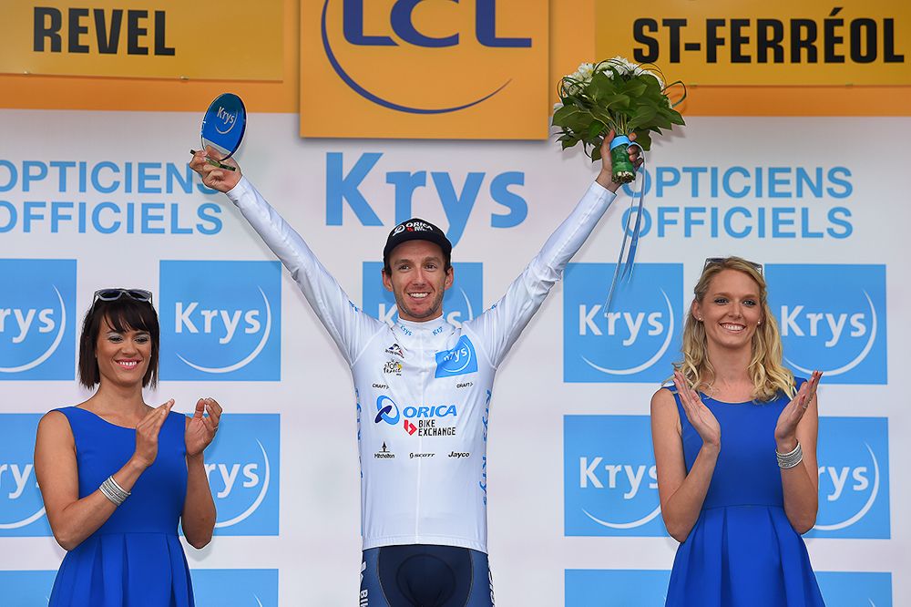Adam Yates in white after stage 10 at the Tour de France.