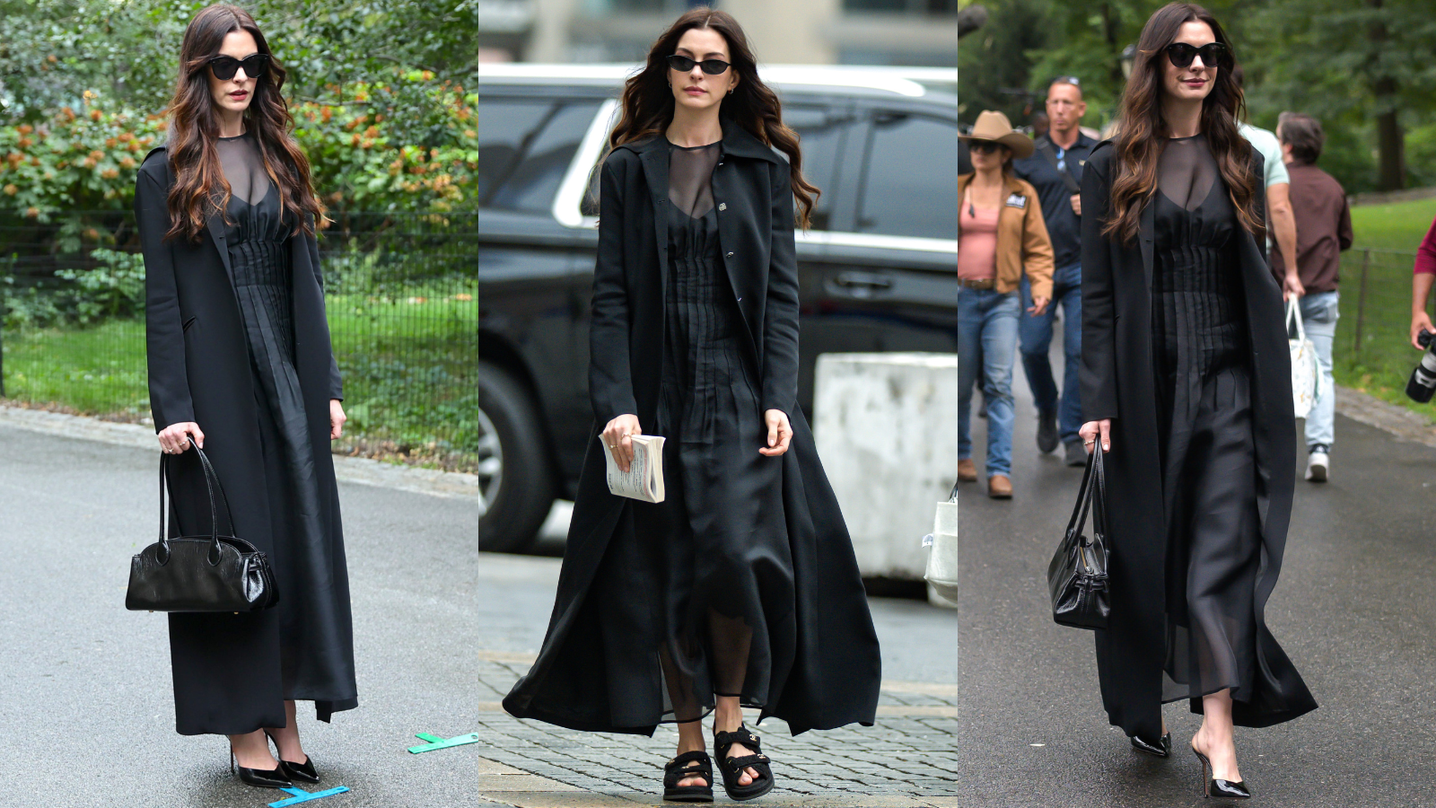 Anne Hathaway on set for The Devil Wears Prada 2 wearing sheer black dress