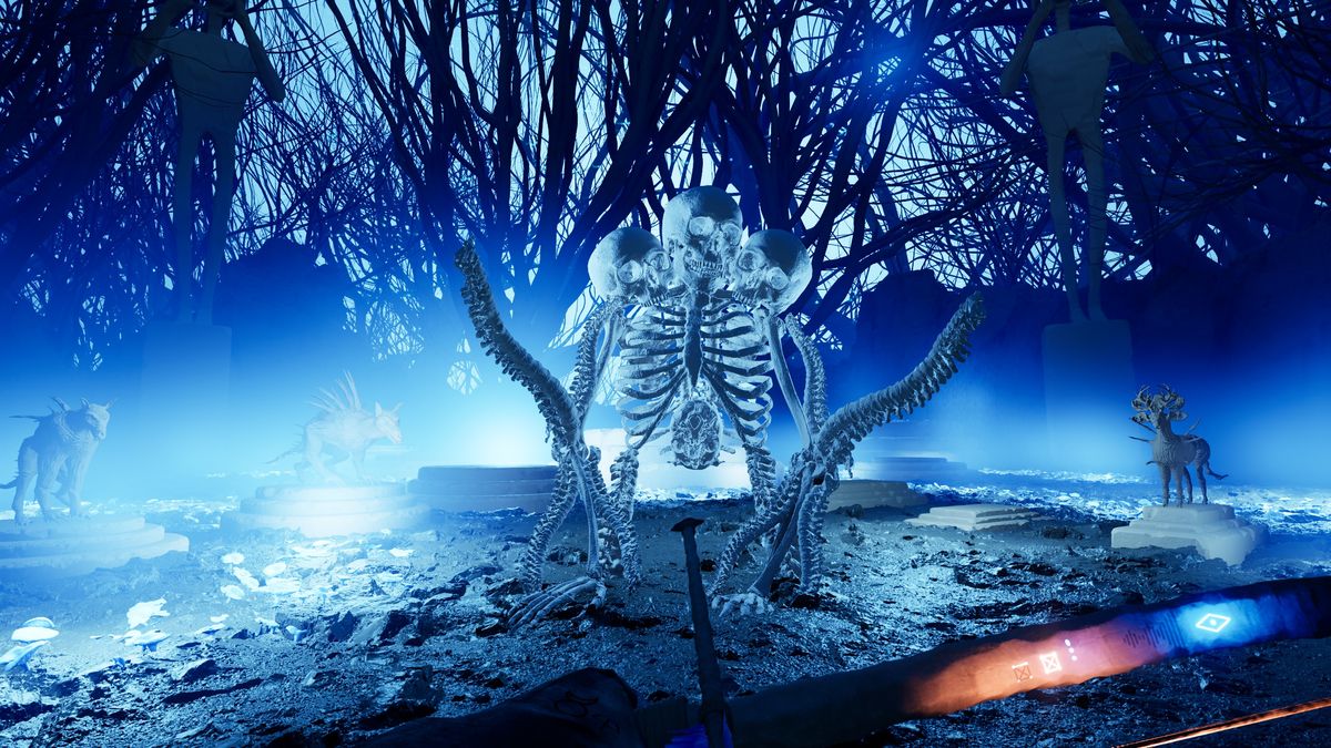 Skeleton altar in blue glowing ethereal realm in The Axis Unseen
