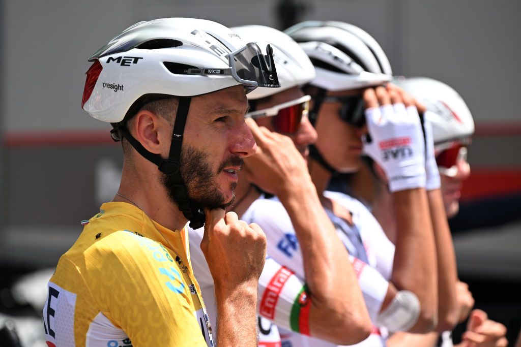 ambri SWITZERLAND JUNE 13 Adam Yates of The United Kingdom and UAE Team Emirates Yellow leader jersey prior to the 87th Tour de Suisse 2024 Stage 5 a 1486km stage from Ambri to Cari 1636m UCIWT on June 13 2024 in Ambri Switzerland Photo by Tim de WaeleGetty Images