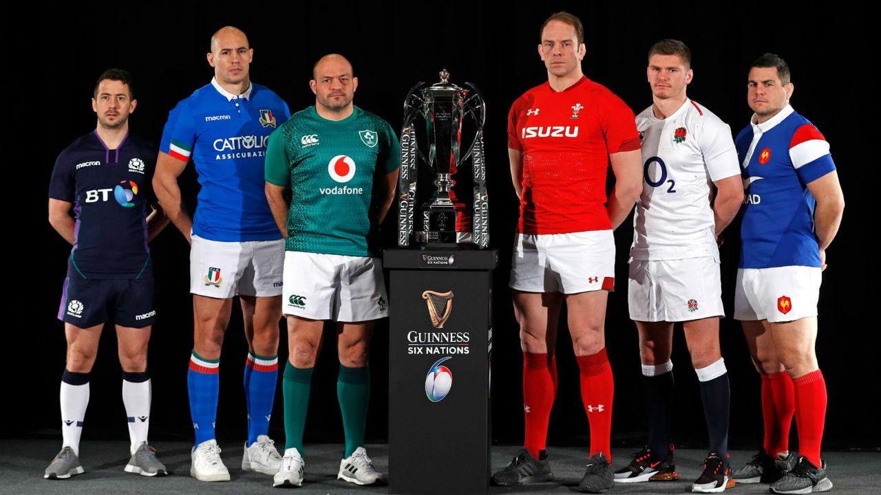 The 2019 Six Nations championship captains line up with the trophy