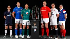 The 2019 Six Nations championship captains line up with the trophy