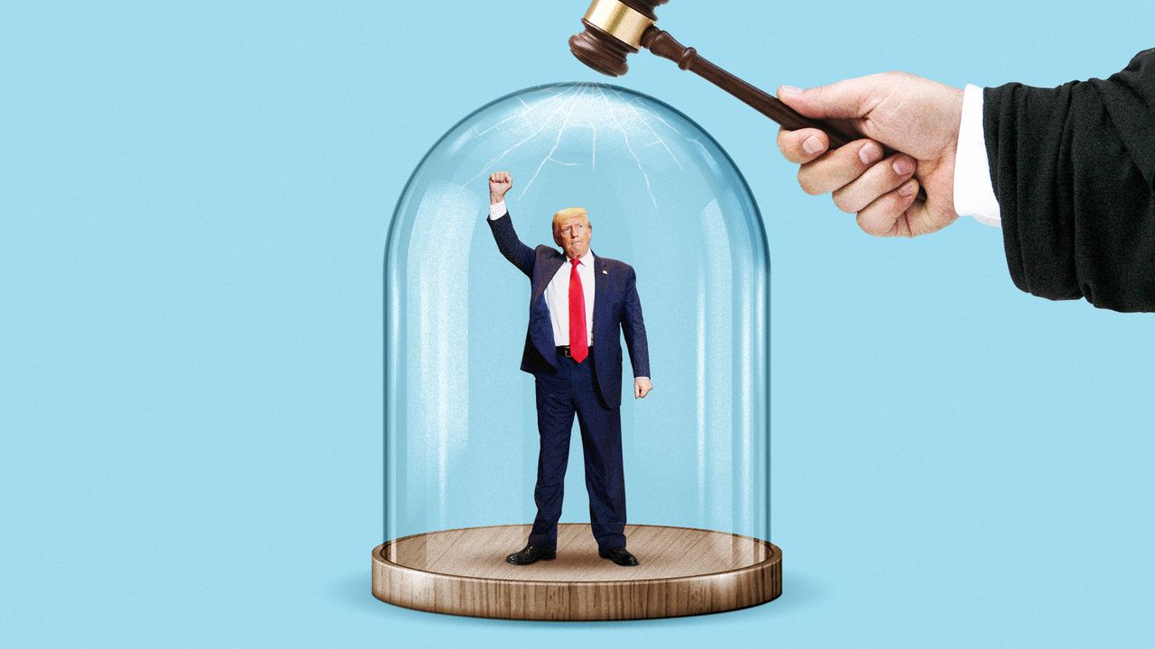 Donald Trump inside a bell jar, with a judge&#039;s hammer breaking the glass