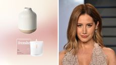 Pink gradient photo with Frenshe candle and boho vase next to photo of Ashley Tisdale