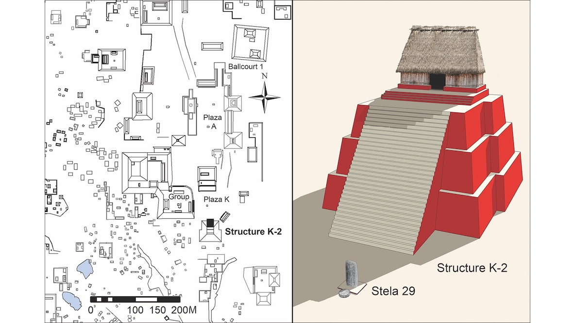A map of the archaeological site and an artist's sketch of the pyramid.