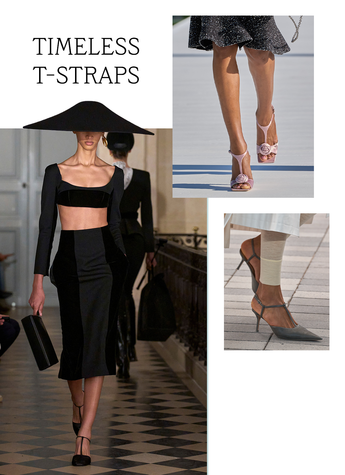 A slide showcasing the fall/winter 2026 T-strap shoe trend with the title, "Timeless T-Straps," on it. Models at Jacquemus, Dior, and Calvin Klein are featured.