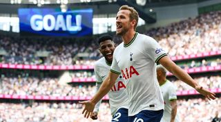 Tottenham striker Harry Kane celebrates scoring against Fulham.