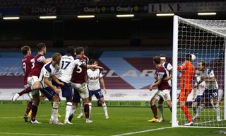 James Tarkowski sees his header cleared off the line Harry Kane