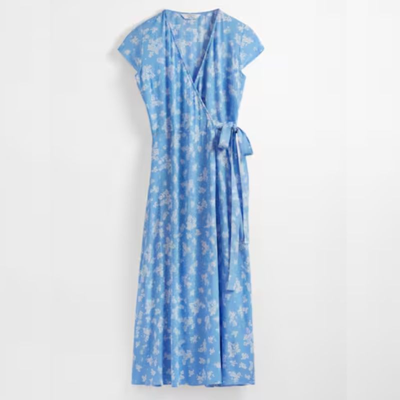 blue floral wrap dress