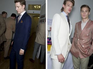 Guys wearing Dunhill S/S 2015 collection. The guy on the left is wearing a dark blue suit with a brown striped tie. The guy on the second photo on the left is wearing a cream suit with a light blue shirt and dark tie and the guy on the right is wearing a pink coloured jacket, a cream shirt and green straight pants