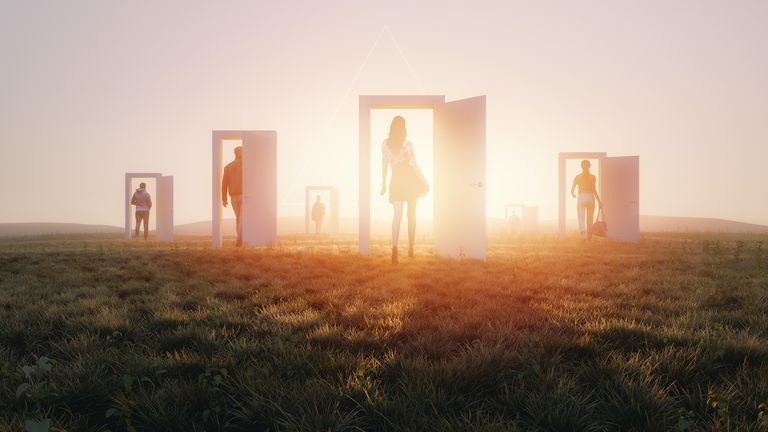 Mysterious meadow passage with group of people. This is entirely 3D generated image.