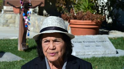 American labour leader and civil rights activist Dolores Huerta visits the graves of Cesar and Helen Chavez at the Ceasar Chavez National Monument in Keene, California on January 31, 2017, in the foothills of the Tehachapi Mountains at the southern end of central California's San Joaquin Valley. Huerta, 86, the subject of Peter Bratt's documentary "Dolores", celebrating the accomplishments of her eventful and still-active life, officially began her career as an activist in 1955 by helping Frank Ross start the Stockton, California Chapter of the Community Service Organization, which fought for economic improvements for Latinos. In 1962, she co-founded the National Farm Workers Association with labour leader and civil rights activist C&eacute;sar Ch&aacute;vez, which would later become the United Agricultural Workers Organizing Committee. / AFP / Frederic J. Brown / TO GO WITH AFP STORY BY VERONIQUE DUPONT (Photo credit should read FREDERIC J. BROWN/AFP via Getty Images)
