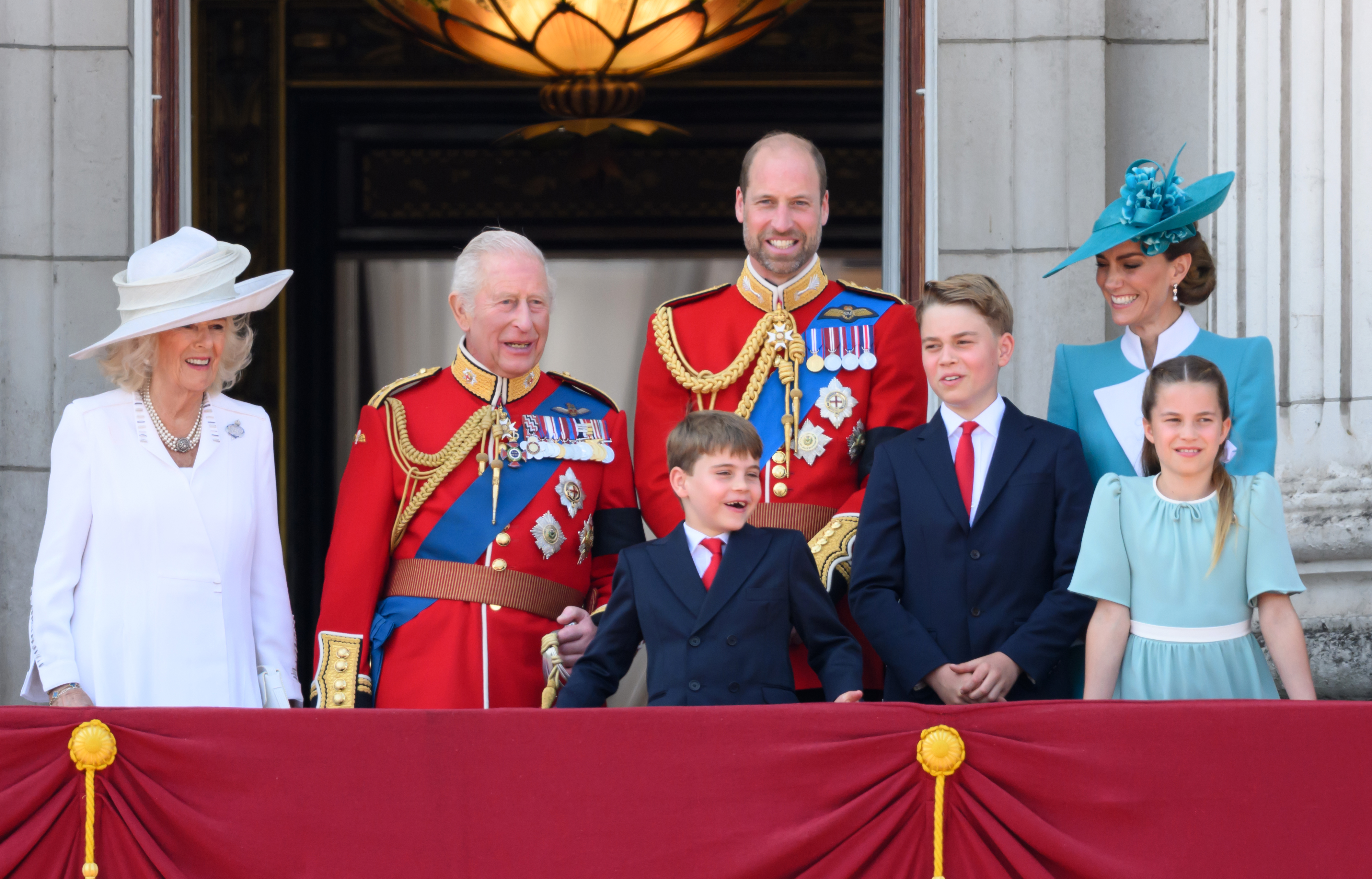 Queen Camilla, King Charles, Prince William, Prince Louis, Prince George, Princess Kate and Princess Charlotte on the balcony at Trooping the Colour 2025